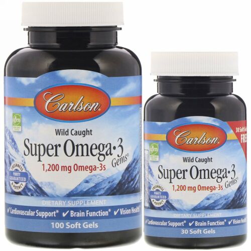 Carlson Labs, 野生の魚、スーパーオメガ3ジェム、1,200mg、ソフトゲル100個 + 30個