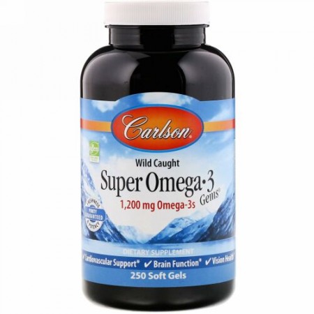Carlson Labs, 天然魚のスーパーオメガ3ジェム、1,200 mg, 250ソフトジェル