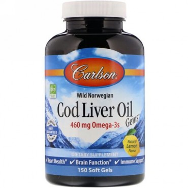 Carlson Labs, Wild Norwegian, Cod Liver Oil Gems, Natural Lemon Flavor, 460 mg, 150 Soft Gels