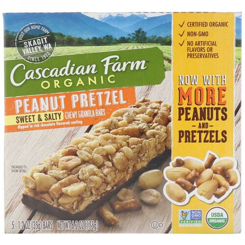 Cascadian Farm, オーガニック、 チューイーグラノーラ バー、 スイート& ソルティ、 ピーナッツプレッツェル、 5 バー、 各1.2 oz (35 g)