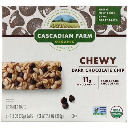 Cascadian Farm, オーガニックチュウイーグラノーラバー、ダークチョコレートチップ、6本、各35g（1.2 oz）