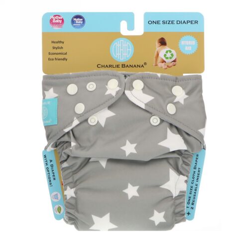 Charlie Banana, Reusable Diapering System, Grey, One Size Diaper, 1 Diaper (Discontinued Item)