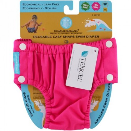 Charlie Banana, 再利用可能なイージースナップスイムダイパー（おむつ）、ホットピンク、Lサイズ、1枚 (Discontinued Item)