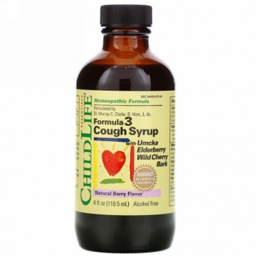 ChildLife, エッセンシャルズ、フォーミュラ3咳止めシロップ、アルコール不使用、天然ベリー風味、118.5 ml（4 fl oz）
