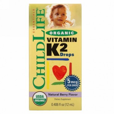 ChildLife, オーガニック、ビタミンK2ドロップ、天然ベリー味、0.406 fl oz (12 ml)