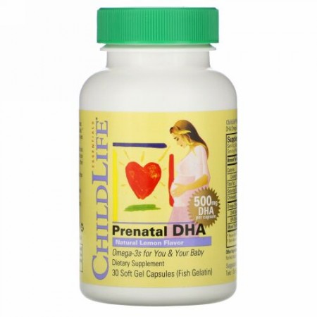 ChildLife, Prenatal DHA（妊婦用DHA）、天然レモン風味、500 mg、ソフトジェルカプセル30錠