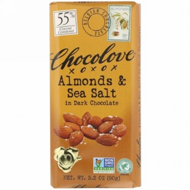 Chocolove, アーモンド＆シーソルト入りダークチョコレート、カカオ55％、90g（3.2オンス）