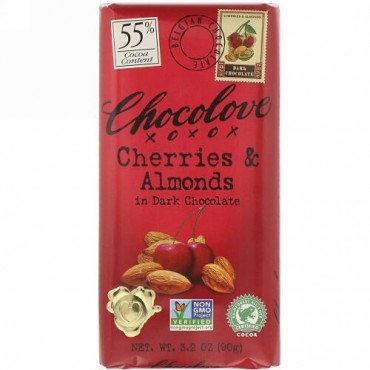 Chocolove, チェリー＆アーモンド入りダークチョコレート、カカオ55％、90g（3.2オンス）