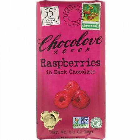 Chocolove, ラズベリー入りダークチョコレート、ココア55％、88g（3.1オンス）