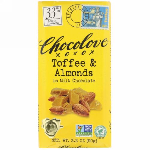 Chocolove, トフィー＆アーモンド入りミルクチョコレート、ココア33％、90g（3.2オンス）
