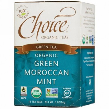 Choice Organic Teas, Green Moroccan Mint, Green Tea, 16 Tea Bags, .8 oz (24 g) (Discontinued Item)