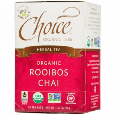 Choice Organic Teas, ハーブティー, オーガニック, ルイボスチャイ, カフェインフリー, 16ティーバッグ, 1.27オンス（36 g） (Discontinued Item)