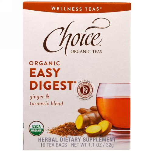 Choice Organic Teas, オーガニック＆消化しやすい, ジンジャー＆ターメリックブレンド, ノンカフェイン, 16袋, 1.1オンス (32 g) (Discontinued Item)