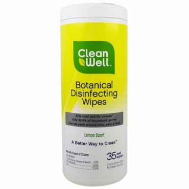 CleanWell, 植物消毒ワイプ、レモン香水、ウエットワイプ35 枚、7インチx 8インチ（117 cm x 20.3 cm） (Discontinued Item)