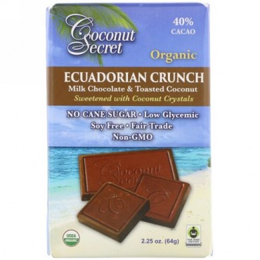 Coconut Secret, Organic Ecuadorian Crunch, Milk Chocolate & Toasted Coconut, 40% Cacao, 2.25 oz (64 g) (Discontinued Item)