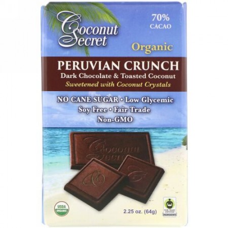 Coconut Secret, ペルーのオーガニッククランチ、ダークチョコレート＆トーストココナッツ、70％カカオ、64g（2.25オンス） (Discontinued Item)