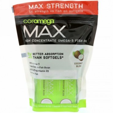 Coromega, Max, High Concentrate Omega-3 Fish Oil, Coconut Bliss, 60 Squeeze Shots, 2.5 g Each