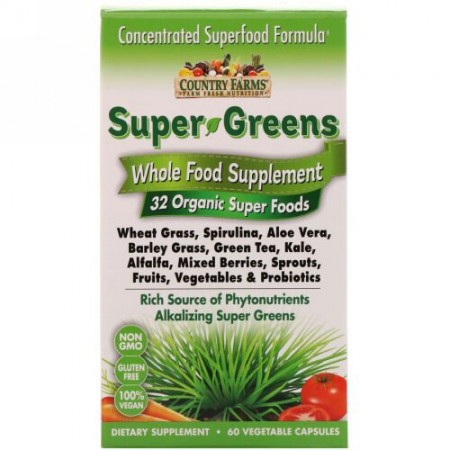 Country Farms, Super Greens, Whole Food Supplement, 60 Vegetable Capsules (Discontinued Item)
