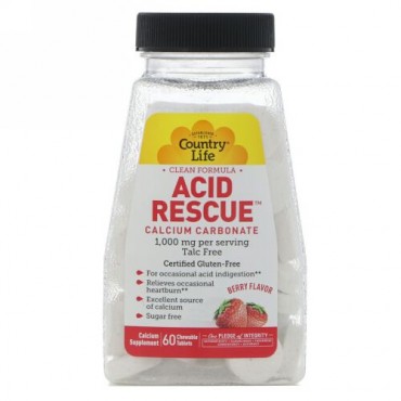 Country Life, アシッドレスキュー、炭酸カルシウム、ベリー風味、1,000 mg、60チュアブル錠 (Discontinued Item)