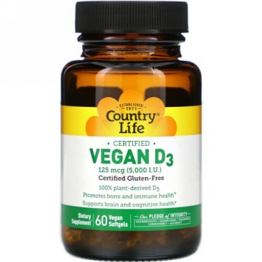 Country Life, Vegan D3, 125 mcg (5,000 IU), 60 Vegan Softgels