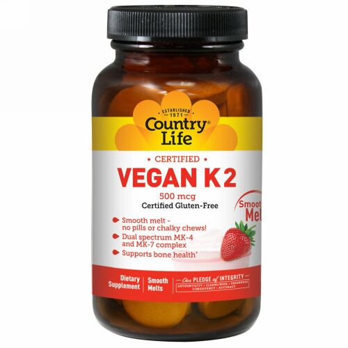 Country Life, ベーガンK2, ストロベリー, 500 mcg, 60錠（スムースメルト）