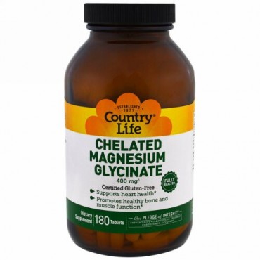 Country Life, キレート化グリシン酸マグネシウム、400mg、180錠