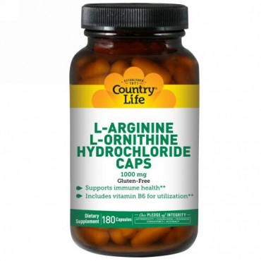 Country Life, L-アルギニン＆L-オルニチン塩酸塩カプセル、1,000mg、180粒