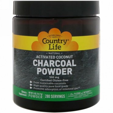 Country Life, 天然活性化ココヤシ炭パウダー、500mg、141.7g（5オンス）