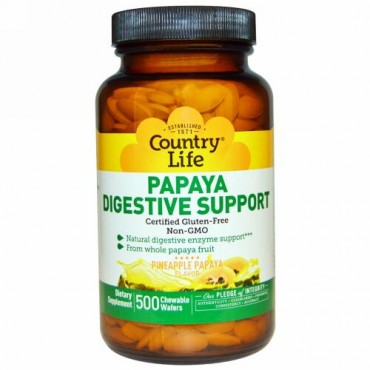 Country Life, Papaya Digestive Support, Pineapple Papaya, 500 Chewable Wafers