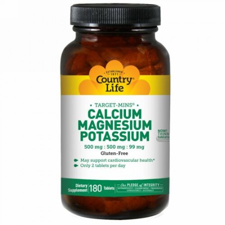 Country Life, Calcium, Magnesium, and Potassium, 500 mg/500 mg/99 mg, 180 Tablets