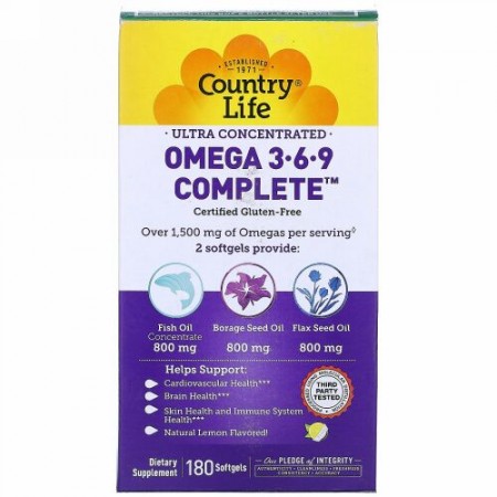 Country Life, Ultra Concentrated Omega 3-6-9 Complete, Natural Lemon, 180 Softgels