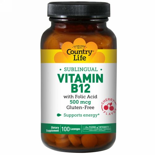 Country Life, ビタミンB12、舌下摂取、チェリーフレーバー、500 mcg、100個 (Discontinued Item)