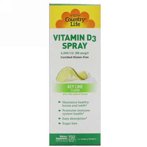 Country Life, ビタミンD3スプレー、キーライム風味、2,000 I.U. (50 mcg)、摂取可能スプレー150回分、0.81 fl oz (24 ml) (Discontinued Item)