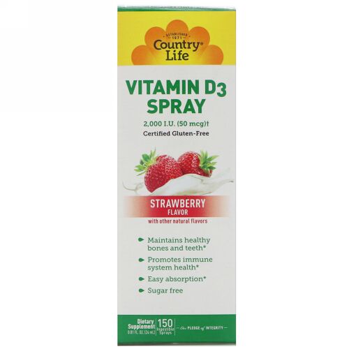 Country Life, ビタミンD3スプレー、ストロベリー風味、2,000 I.U. (50 mcg)、摂取可能スプレー150回分、0.81 fl oz (24 ml) (Discontinued Item)