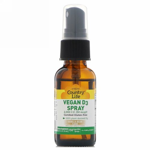 Country Life, Vitamin D3 Spray, Vanilla Bean, 50 mcg (2,000 IU), 150 Ingestible Sprays, 0.81 fl oz (24 ml)