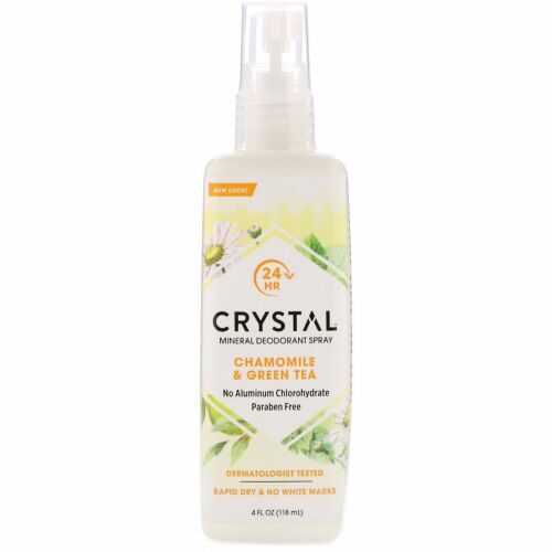 Crystal Body Deodorant, ミネラルデオドラントスプレー、カモミール & 緑茶、4液量オンス (118 ml)