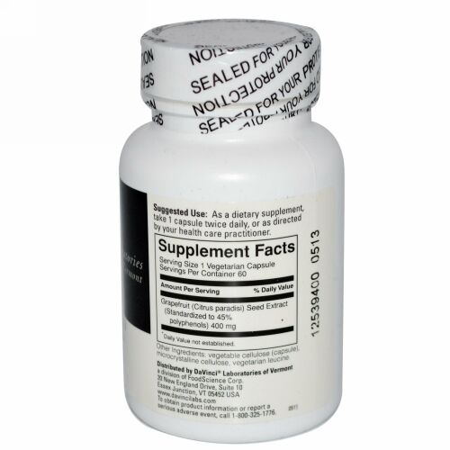 DaVinci Laboratories of Vermont, グレープフルーツシードエキス, 400 mg, 60 カプセル (Discontinued Item)