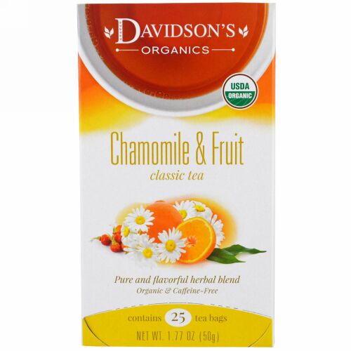 Davidson's Tea, オーガニック、カモミール & フルーツクラシックティー、カフェインフリー、25ティーバッグ、1.77オンス (50 g) (Discontinued Item)