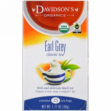 Davidson's Tea, オーガニック、アールグレイクラシックティー、25ティーバッグ、1.77オンス (50 g) (Discontinued Item)