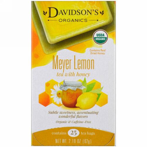 Davidson's Tea, オーガニック, 蜂蜜入りマイヤーレモンティー, カフェインフリー, 25ティーバッグ, 2.18 oz (62 g) (Discontinued Item)