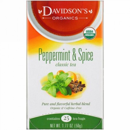 Davidson's Tea, オーガニック、ペパーミント&スパイス、クラシックティー、カフェインフリー、25ティーバッグ、1.77オンス (50 g) (Discontinued Item)