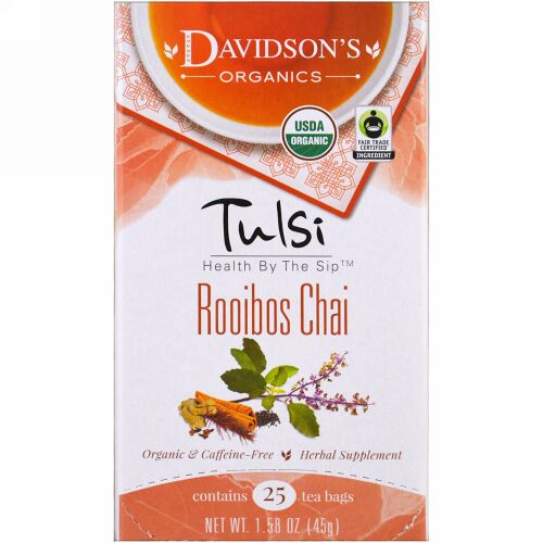 Davidson's Tea, Tulsi, Organic, Rooibos Chai, Caffeine-Free, 25 Tea Bags, 1.58 oz (45 g) (Discontinued Item)
