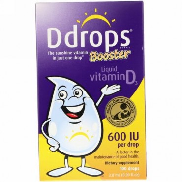 Ddrops, Booster, Liquid Vitamin D3, 600 IU, 100 Drops, 0.09 fl oz (2.8 ml)