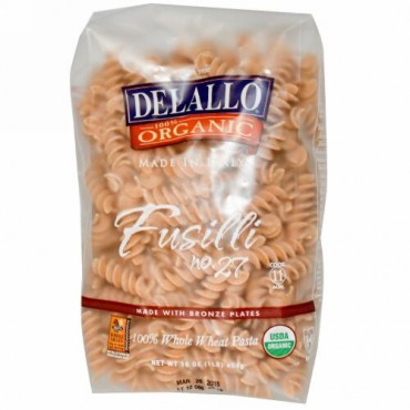 DeLallo, フジッリ No. 27, 全粒粉 100% パスタ, 16 オンス (454 g) (Discontinued Item)