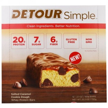Detour, シンプル、ホエイ・プロテインバー、ソルテッド・キャラメルクッキードウ、12本、各60g（2.1オンス） (Discontinued Item)
