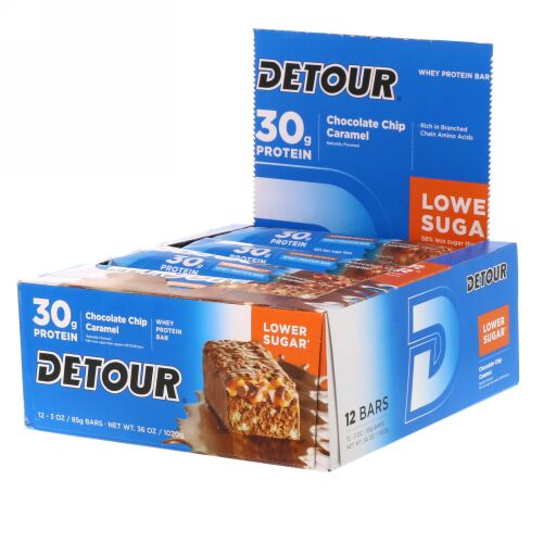 Detour, ホエイタンパク質バー、 チョコレートチップキャラメル、 12本、 各3オンス (85 g) (Discontinued Item)