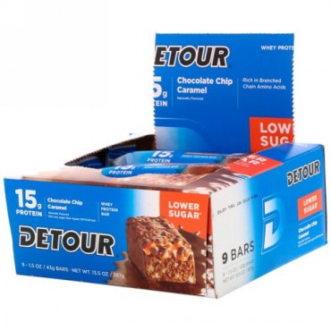 Detour, ホエイタンパク質バー, チョコレートチップキャラメル, 9バー, 各1.5オンス (43 g) (Discontinued Item)