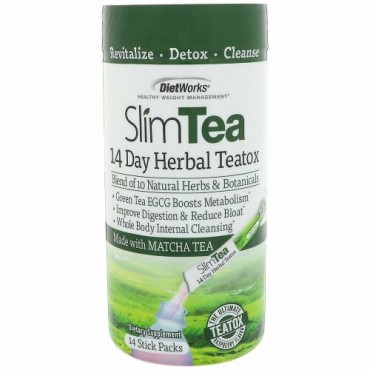 DietWorks, スリムティー、14日間ハーブ・ティートックス、抹茶、ラズベリー風味、スティックパック14個入り