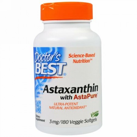 Doctor's Best, アスタピュア入りアスタキサンチン、3 mg、ベジソフトジェル180錠 (Discontinued Item)