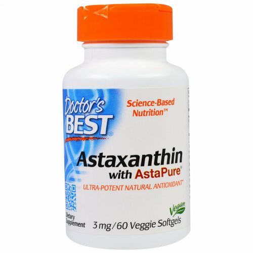 Doctor's Best, アスタピュア入りアスタキサンチン、3 mg、ベジソフトジェル60錠 (Discontinued Item)